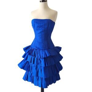 Vintage 80s Victor Costa Dress S Formal Evening Strapless Corset Blue Ruffles